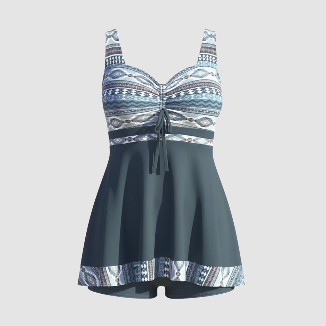 Nautical Print One Piece Swim Dress with Built In Briefs