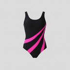 Black scoop-neck one-piece swimsuit with pink contrast side panels, sleeveless