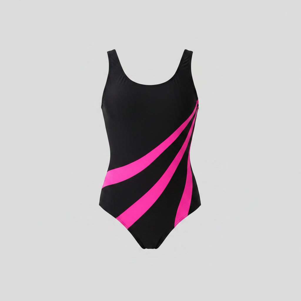 Black scoop neck one-piece swimsuit with pink contrast side panels