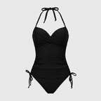Black halter ruched one-piece swimsuit with twist cups and drawstring side ties