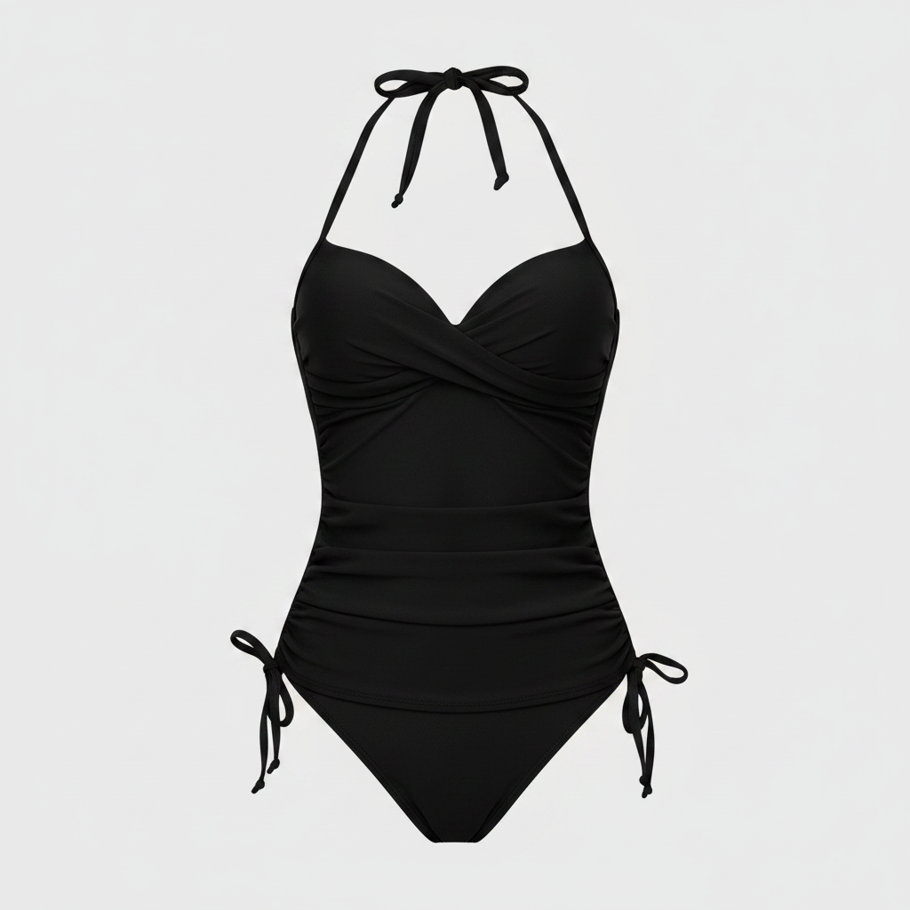 Black halter neck ruched one-piece swimsuit with twist front and tie side straps
