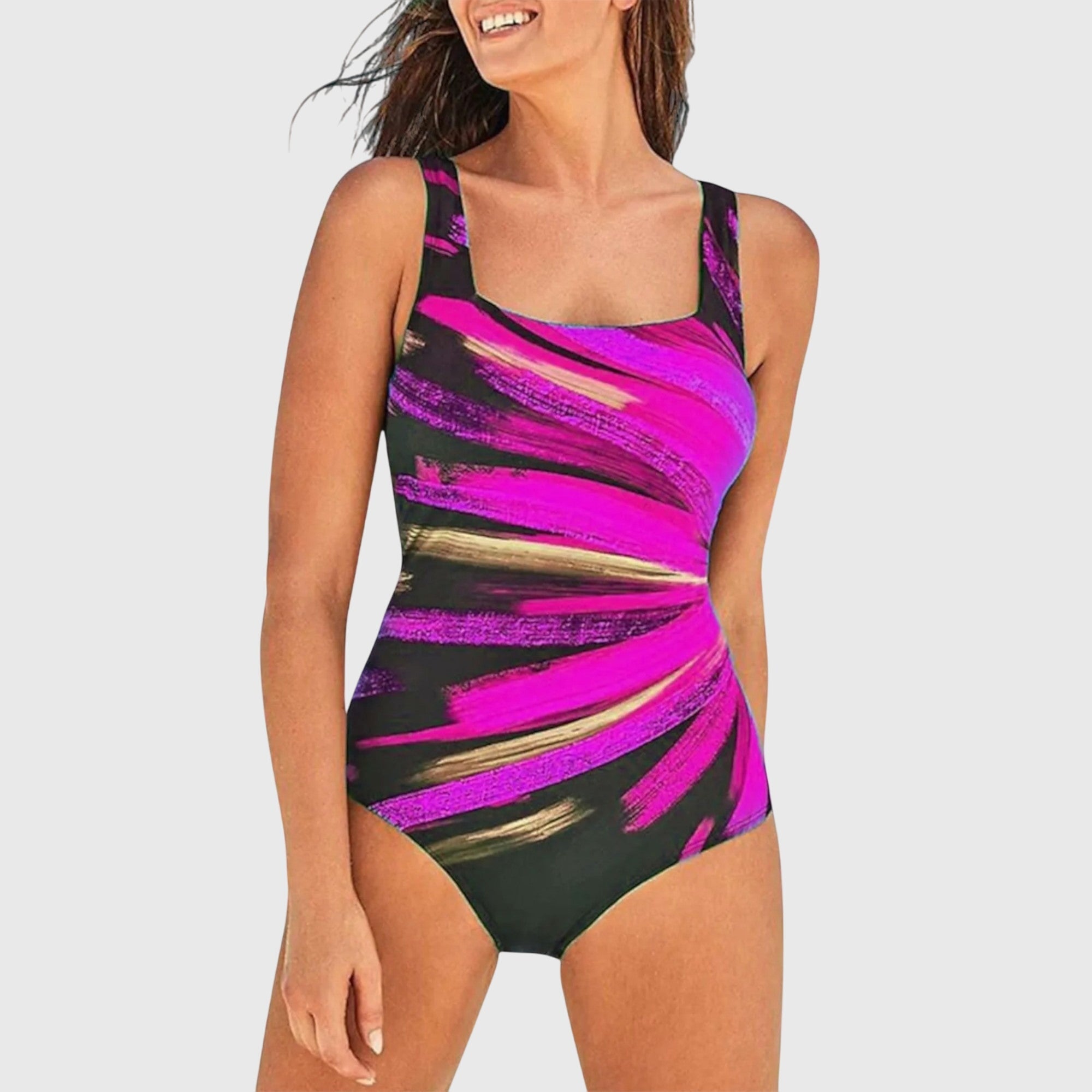 Square-neck one-piece swimsuit, purple and pink brushstroke print on dark fabric