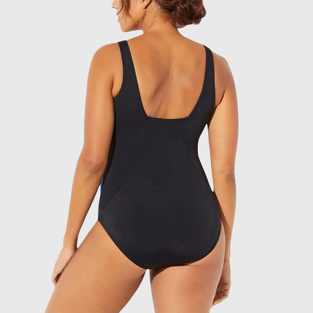 Square-neck one-piece swimsuit, solid dark black with open back straps