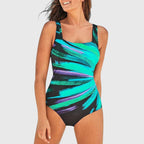 Square-neck one-piece swimsuit, teal and purple brushstroke print on dark base