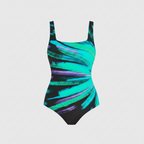 Square-neck one-piece swimsuit, turquoise and purple brushstroke print, sleeveless