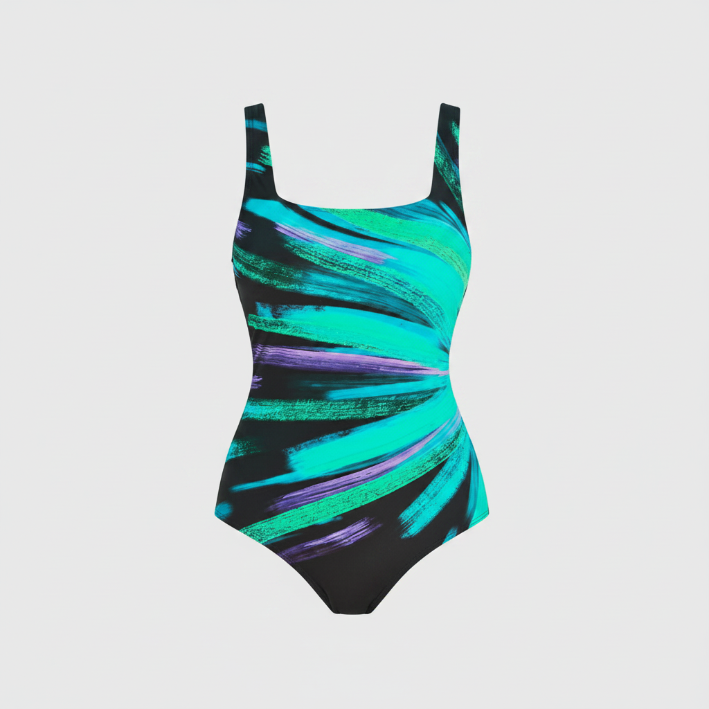 Square-neck one-piece swimsuit, turquoise and purple brushstroke print, sleeveless