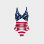 Women's twist-front one-piece swimsuit with star top and red-white striped ruched waist