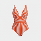 Red-and-white striped plunge V-neck one-piece swimsuit, front view