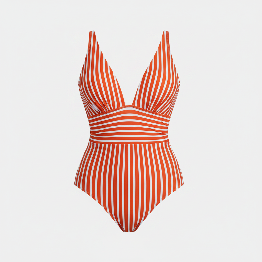 Red striped plunge V-neck one-piece swimsuit