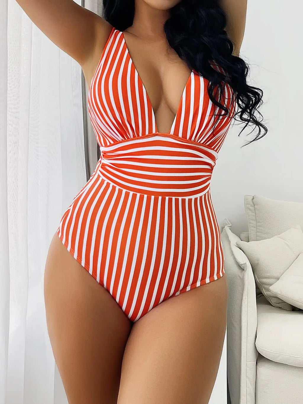Striped Plunge V Neck One Piece Swimsuit for Women
