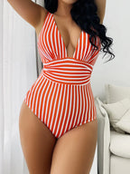 Striped Plunge V Neck One Piece Swimsuit for Women