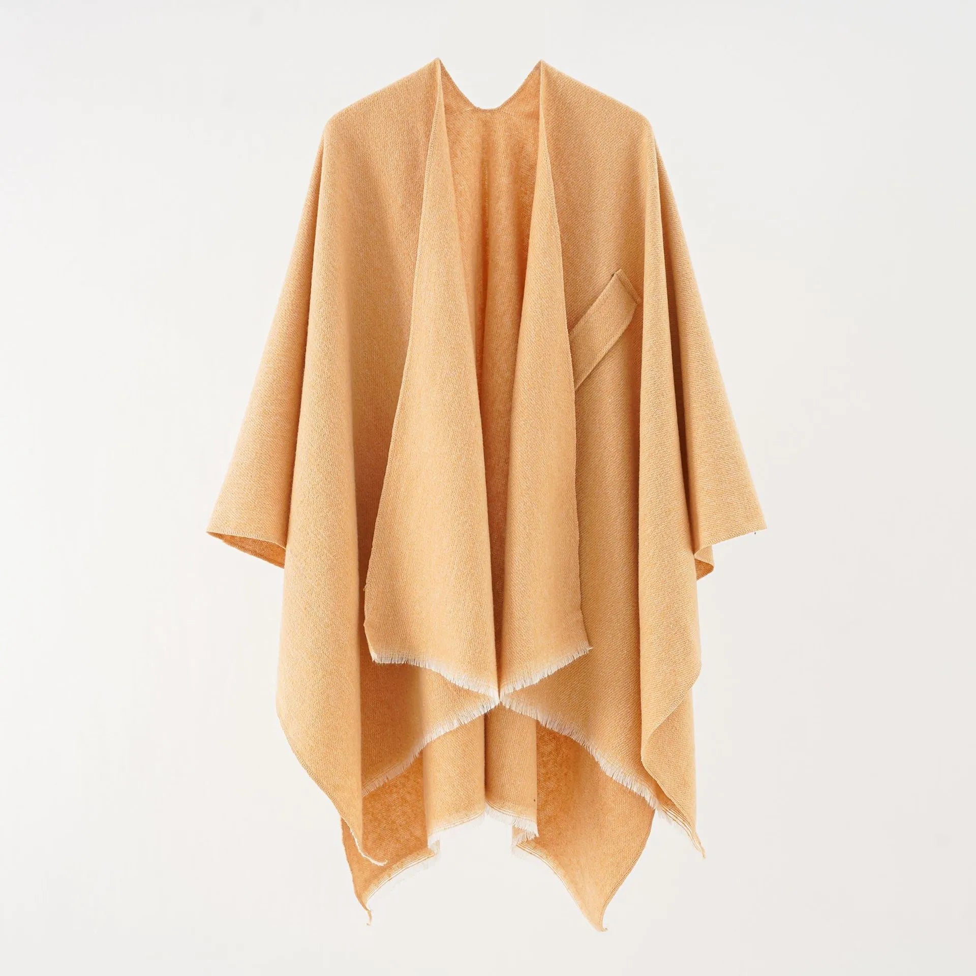 Cashmere poncho in light tan, loose drape with V neckline and asymmetrical wrap hem