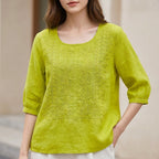 Lime green embroidered blouse with round neck and 3/4 sleeves