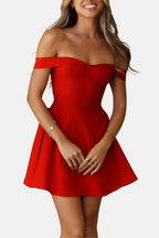 Red off-shoulder sculpted mini dress with flared skirt, straight neckline and fitted bodice