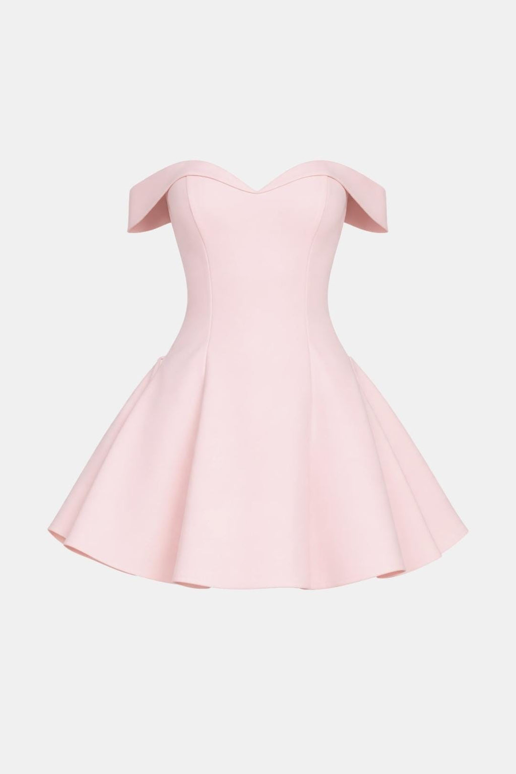 Blush pink off-shoulder mini dress with flared skirt and sweetheart neckline