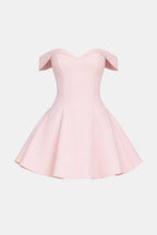 Blush pink off-shoulder mini dress with flared skirt and sweetheart neckline