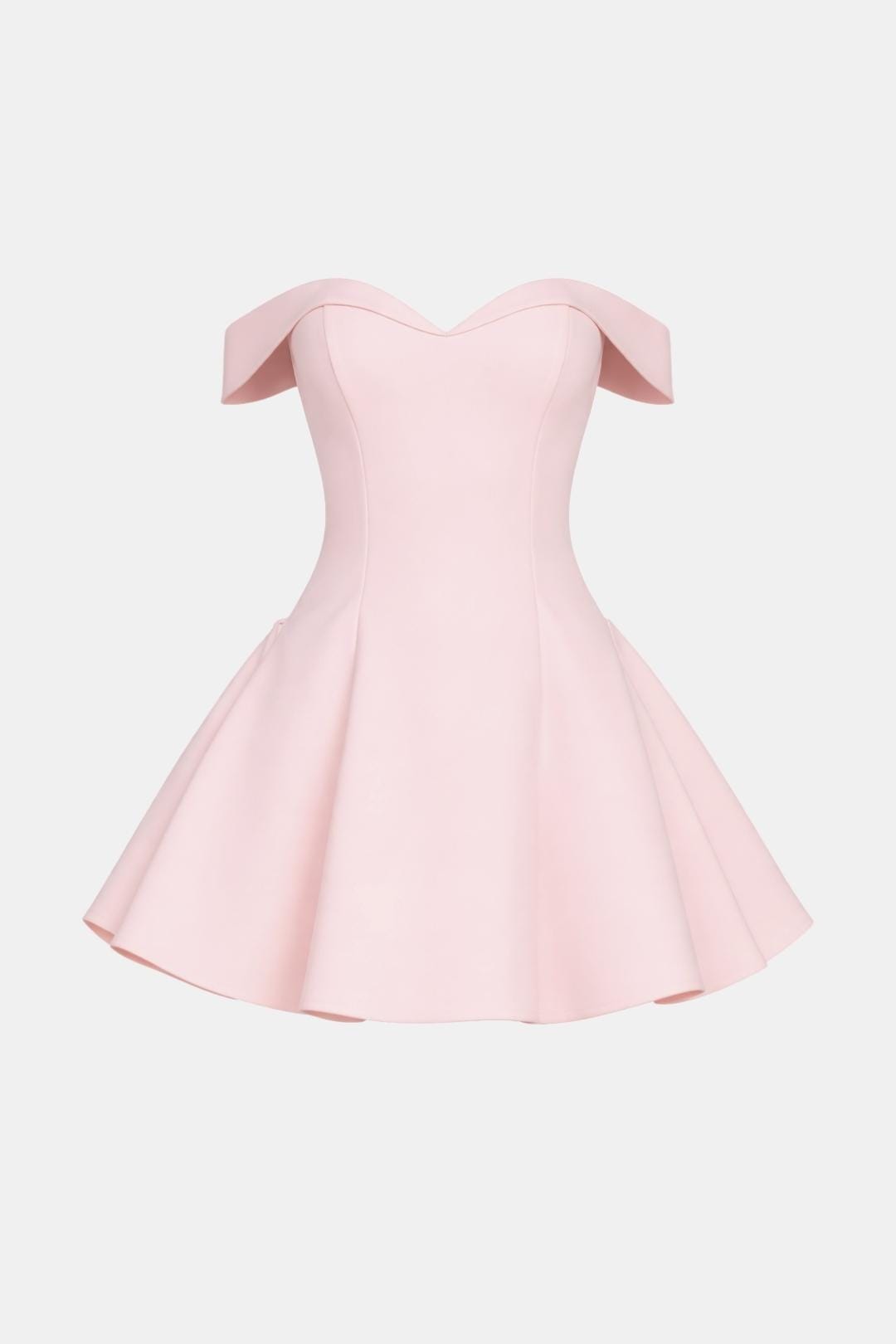 Blush pink off-shoulder mini dress with flared skirt and sweetheart neckline