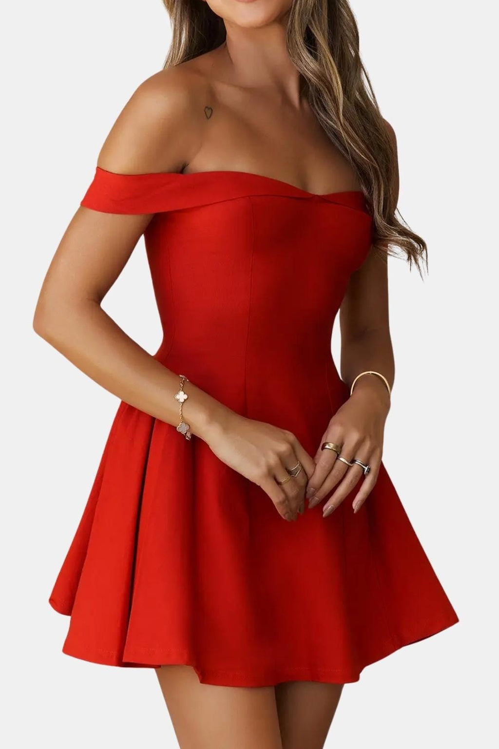 Red off-shoulder sculpted mini dress with flared skirt and fitted waist panel