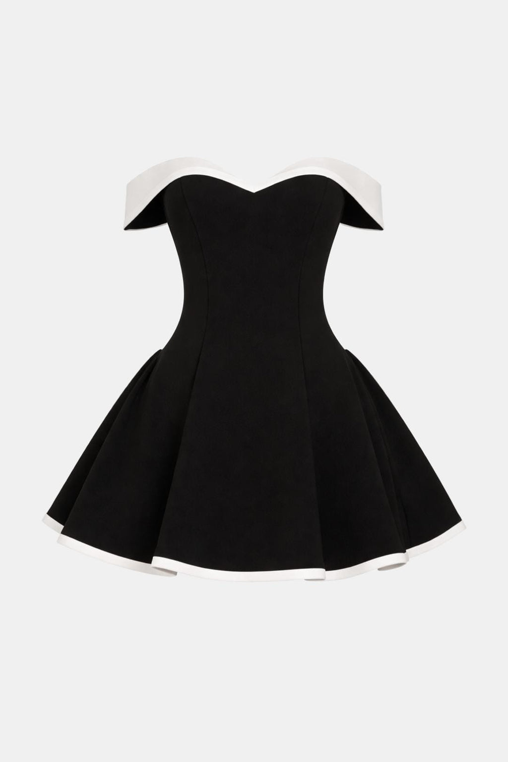 Black off-shoulder mini dress with flared skirt and white trim around neckline and hem