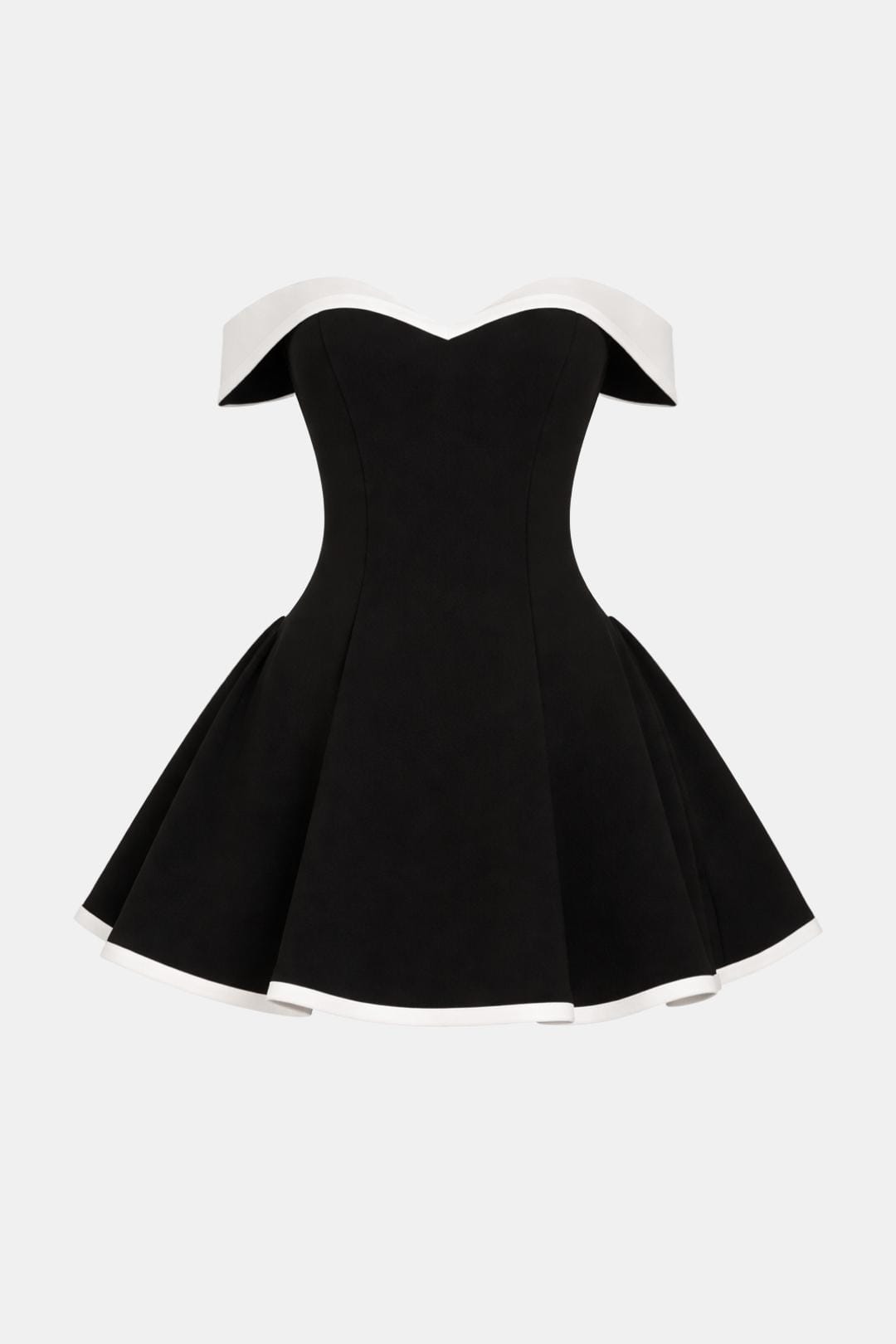Black off-shoulder mini dress with flared skirt and white trim around neckline and hem