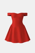 Red off-shoulder mini dress with flared skirt, fitted waist and structured bodice