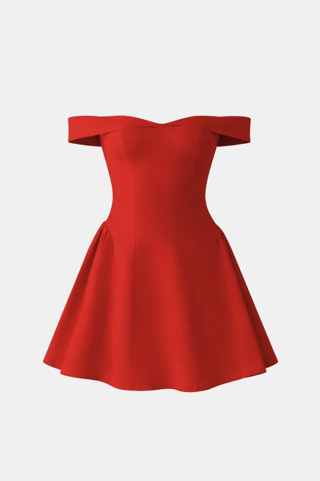 Red off-shoulder mini dress with flared skirt, fitted waist and structured bodice