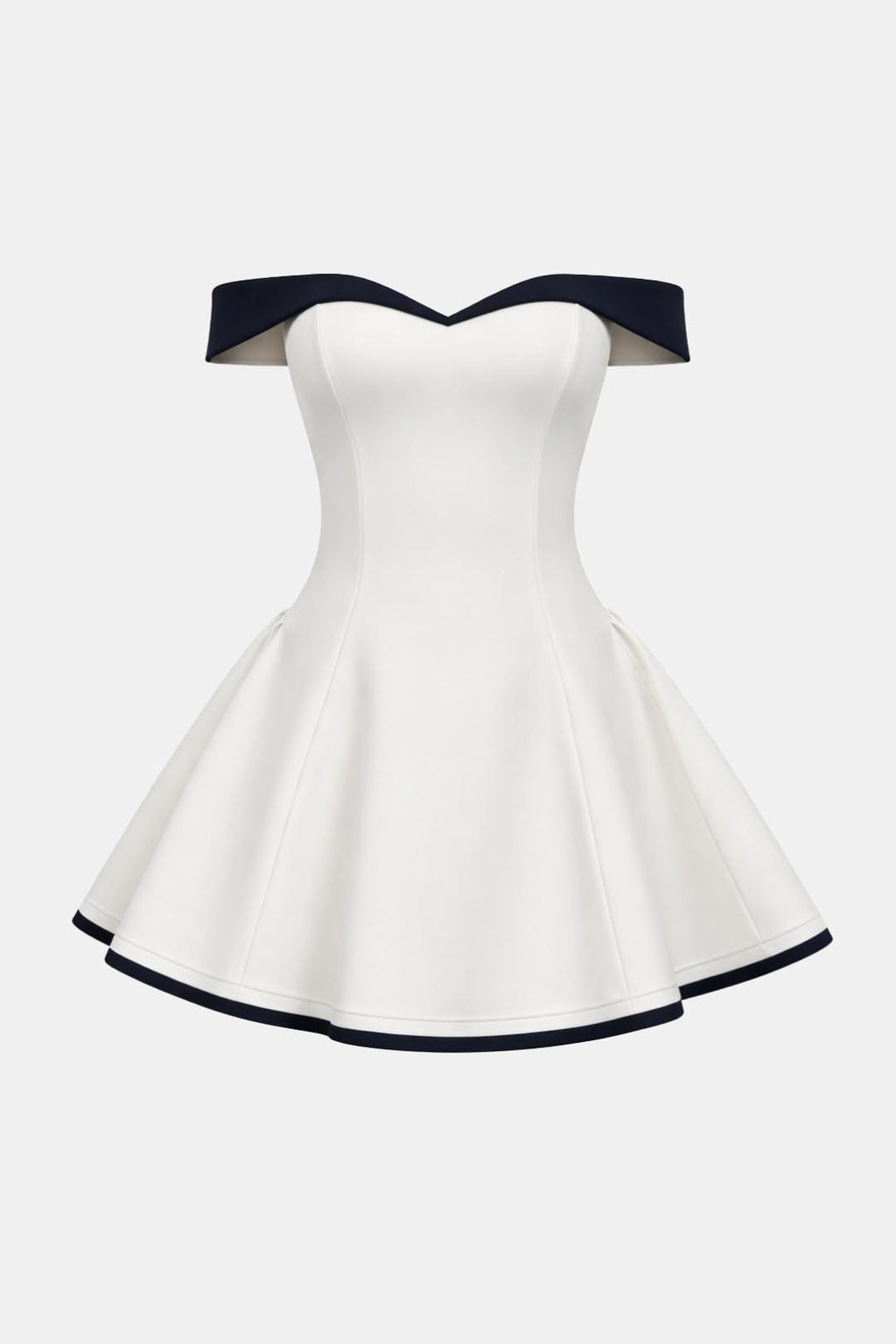 Off-shoulder sculpted mini dress with flared skirt, white with black trim.