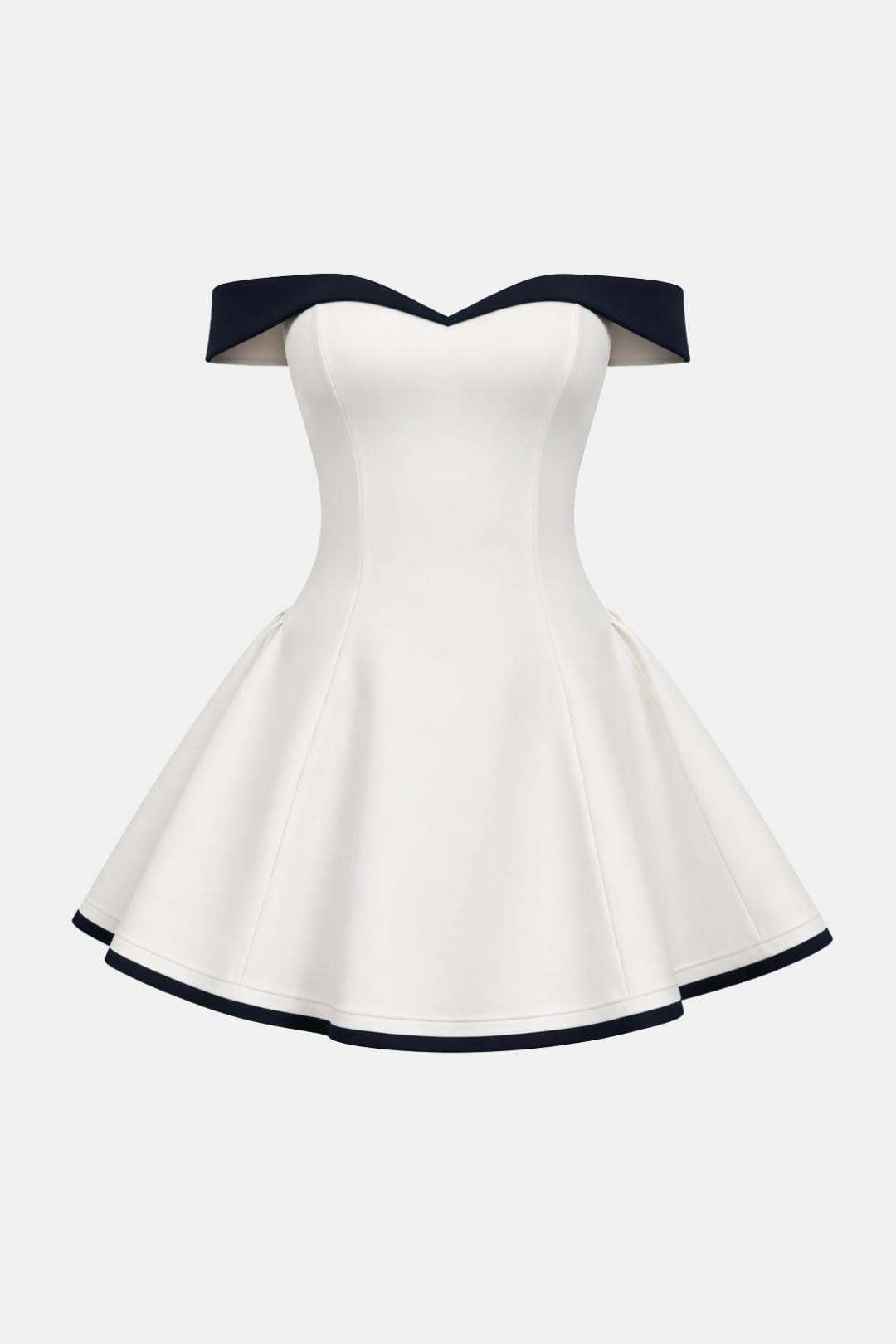 Off-shoulder sculpted mini dress with flared skirt, white with black trim.