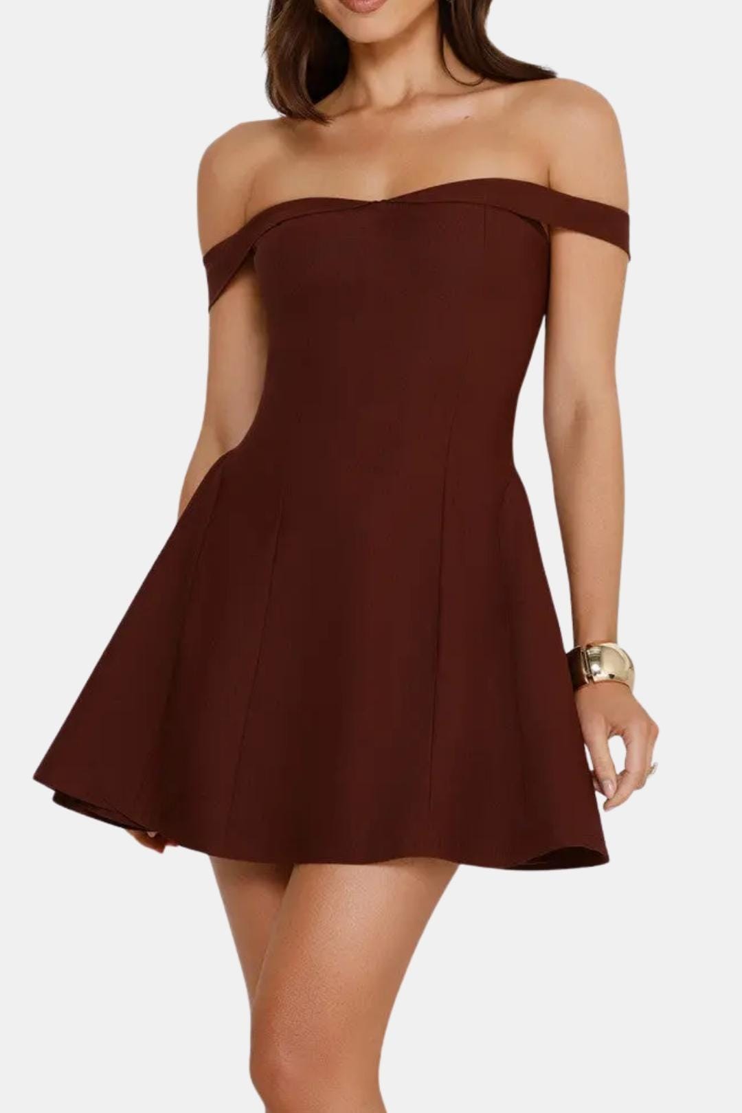 Wine off-shoulder mini dress with fitted bodice and flared skirt, sleeveless neckline