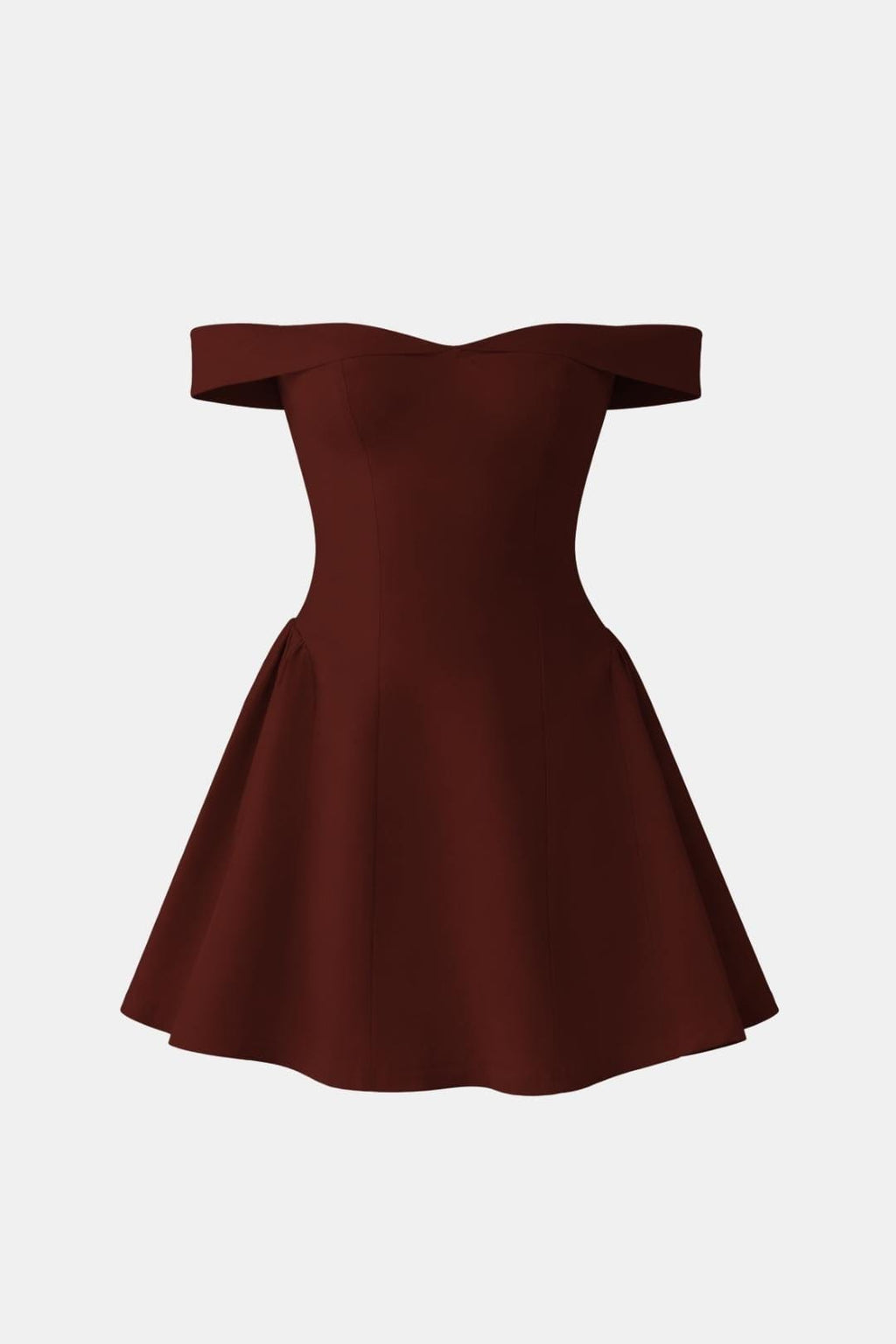 Off-shoulder sculpted mini dress with flared skirt, wine red.