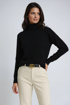 Women’s warm knit turtleneck sweater, black, long sleeves, classic fitted look.