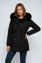Women’s parka coat with faux fur hood in black, drawcord waist and multiple utility pockets
