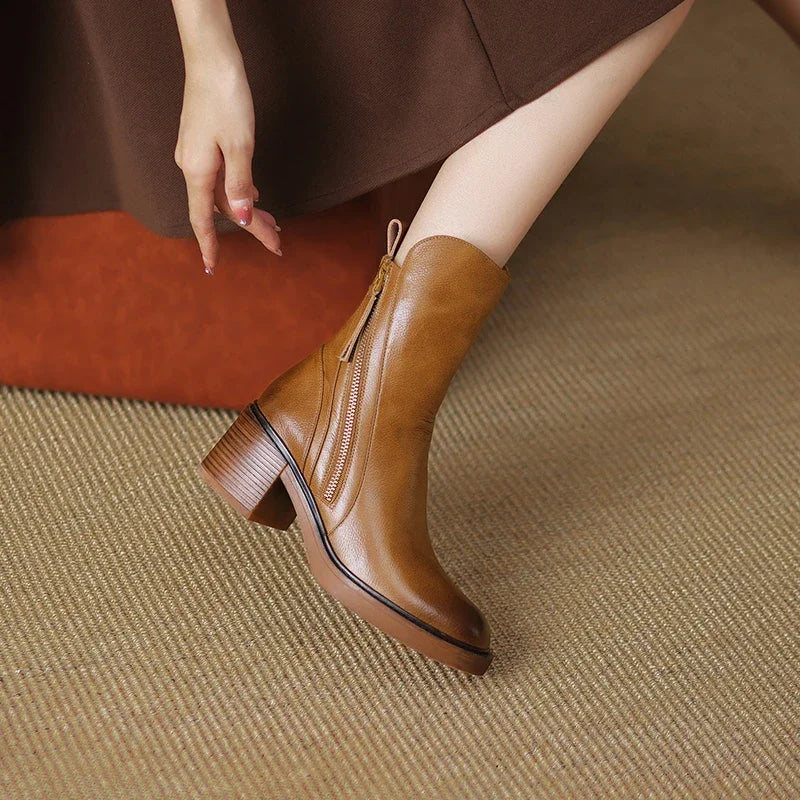 Brown ankle boots with block heel and side zipper detail