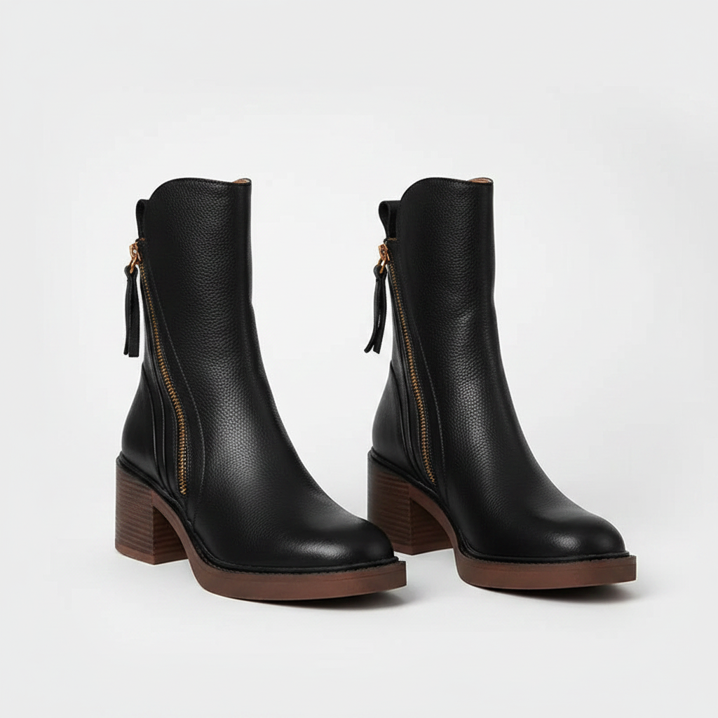 Ankle Boots with Side Zipper and Block Heel