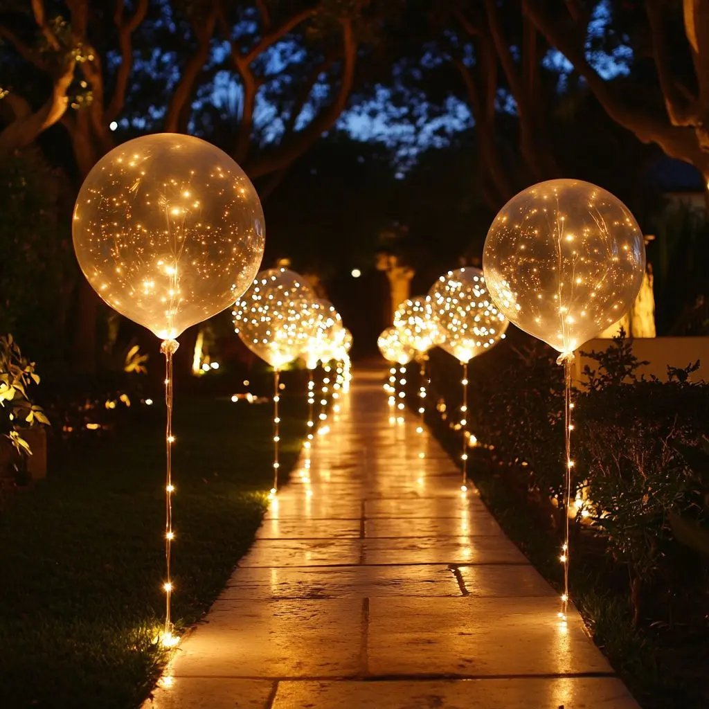 Warm white LED transparent balloon set with light strings, glowing along a pathway