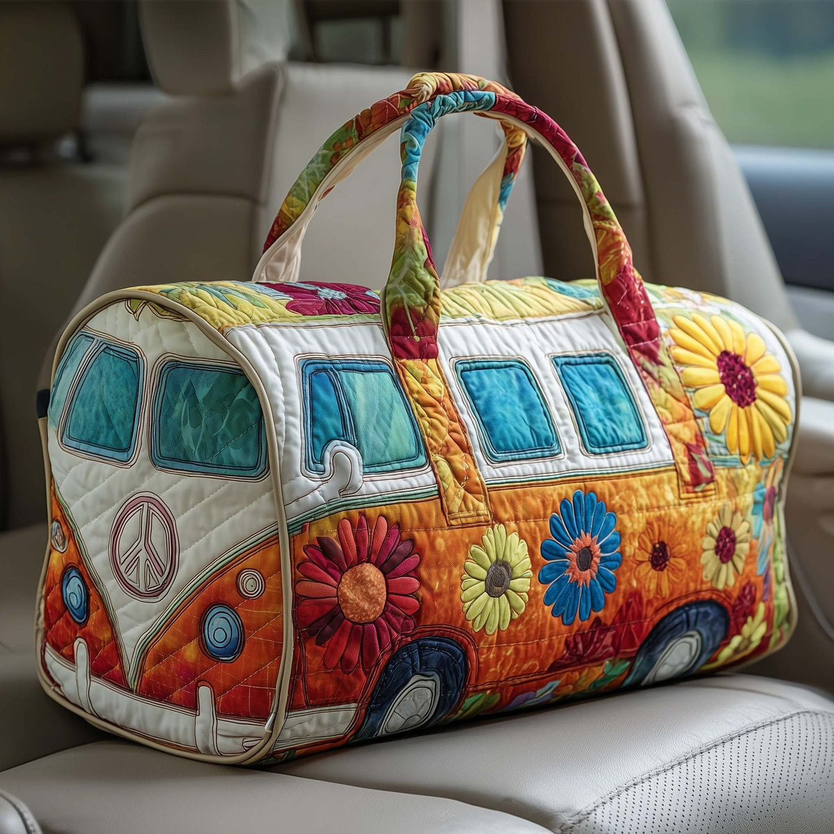Quilted padded travel bag with bus and flower appliques, multicolor patchwork on white