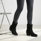 Black suede ankle boots with pointed toe and block heel, pull-on style