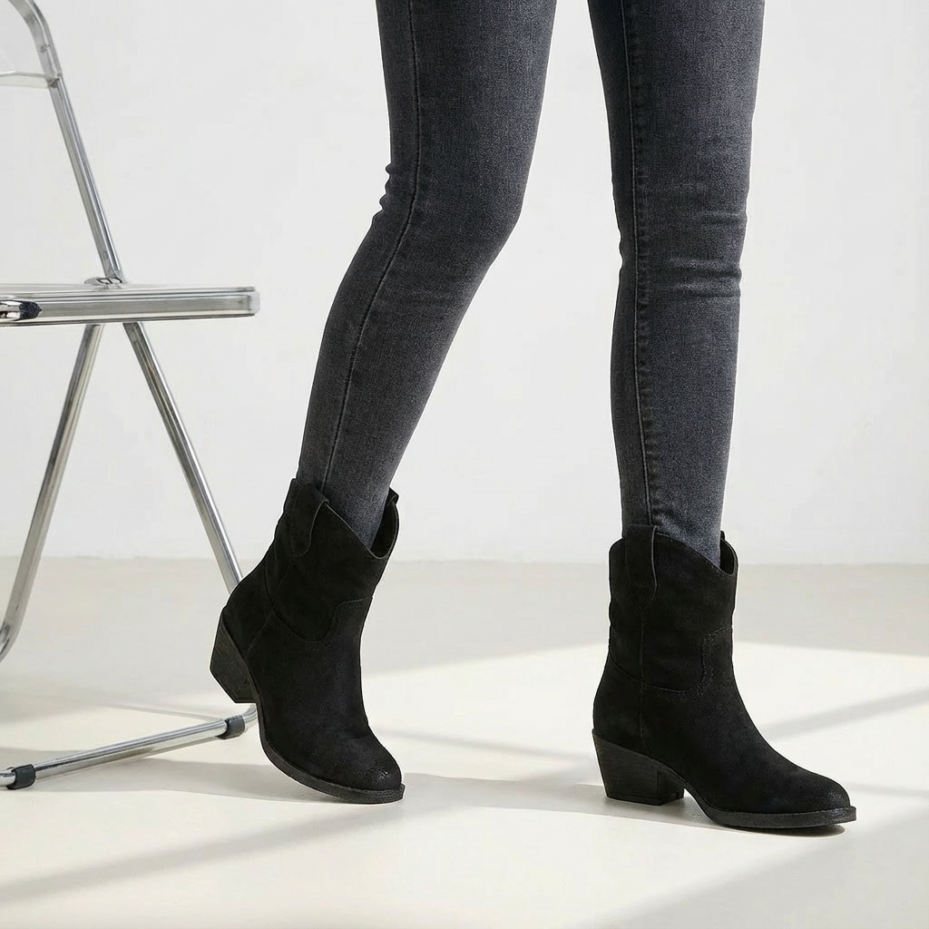Black suede ankle boots with pointed toe and block heel, pull-on style