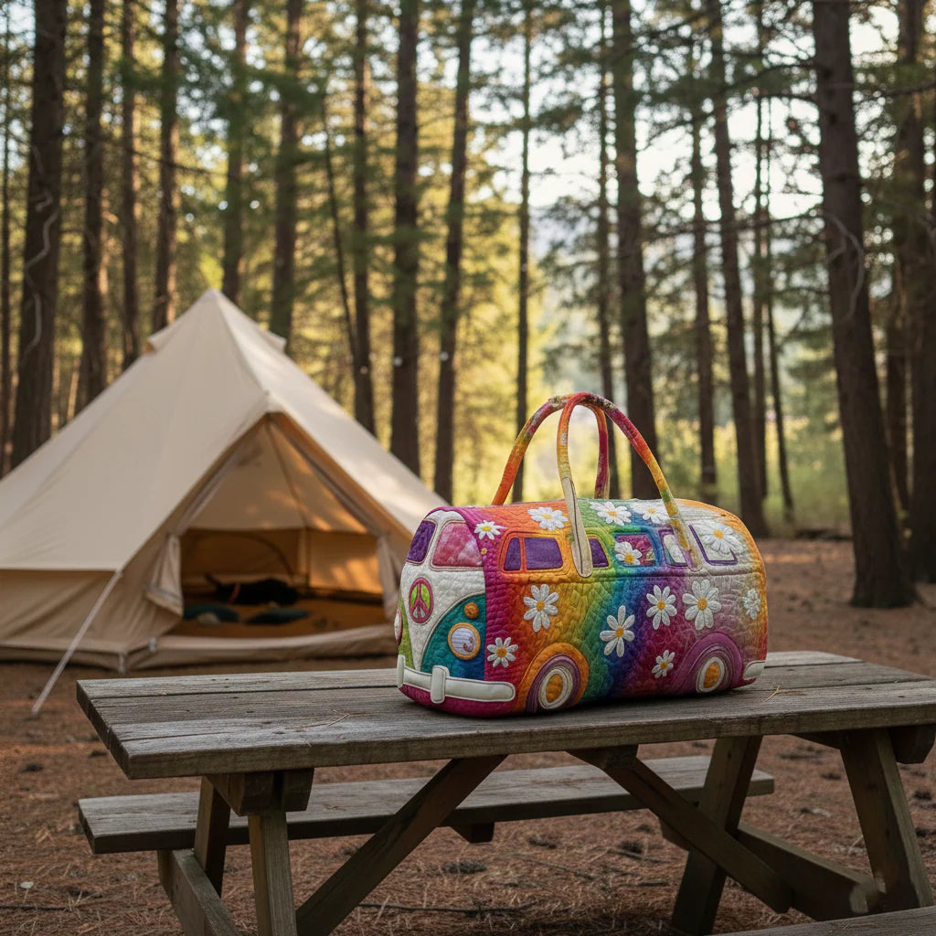 Colorful quilted travel bag with flower and peace sign patchwork on a standing frame