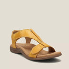 Yellow comfort sandals with adjustable cross strap and cushioned footbed
