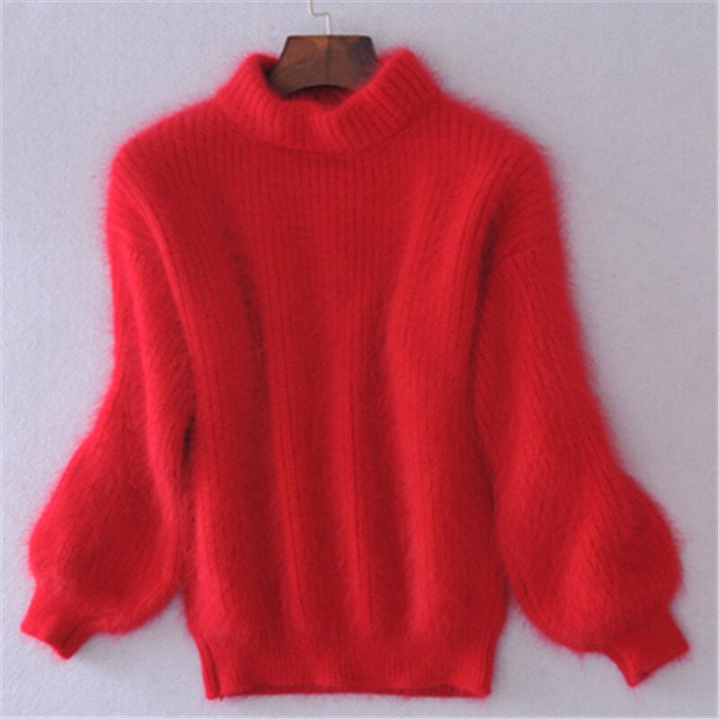 Red loose knit wool sweater with high neck and long wide sleeves