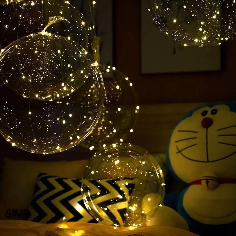 Warm white LED transparent balloons with light sparkles and visible light strands
