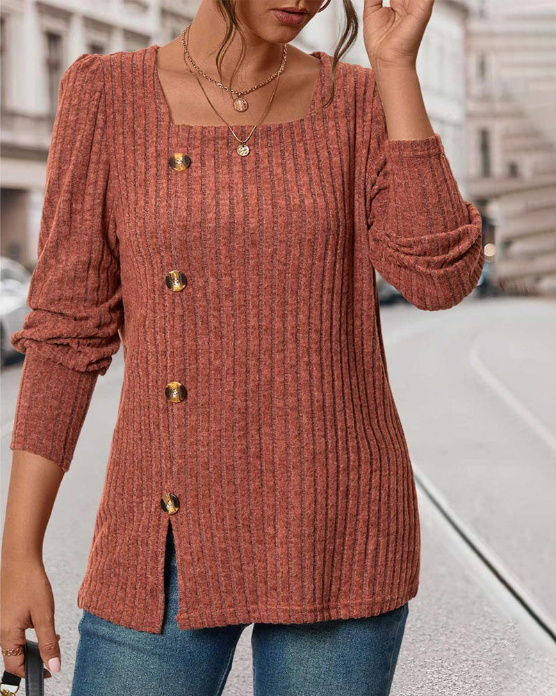 Rust orange knit top with square neckline, gold button front, and side slit hem