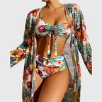 Floral halter bikini top and high-waist briefs with knot front, sheer kimono cover-up