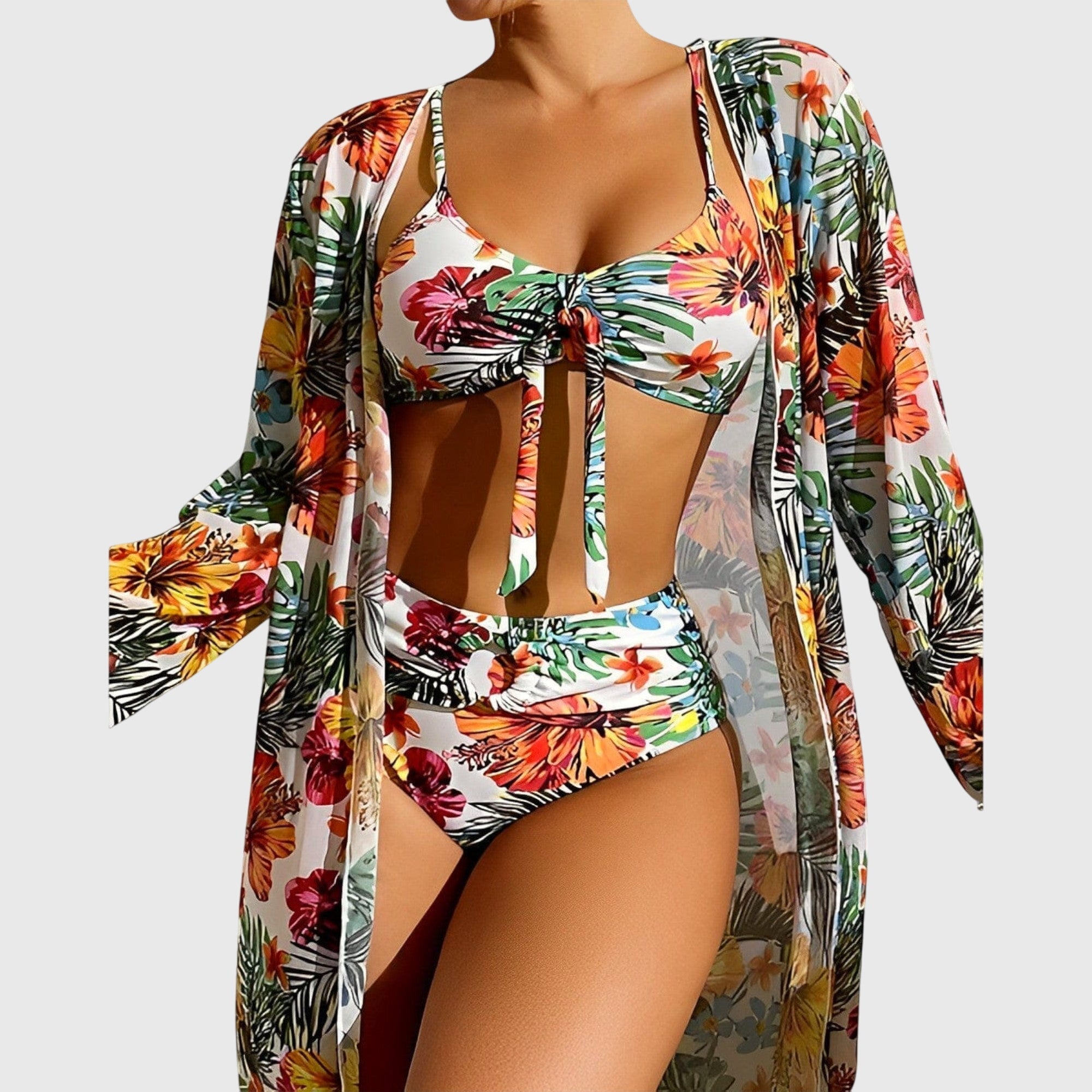 Floral halter bikini top and high-waist briefs with knot front, sheer kimono cover-up
