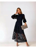 Black lace midi dress with high neckline and long puff sleeves