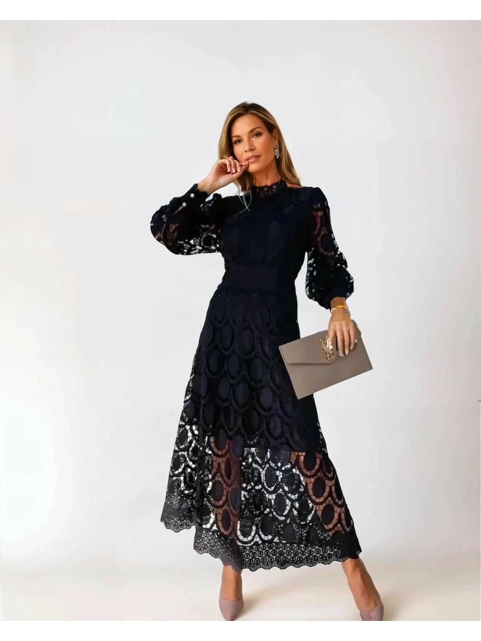 Black lace midi dress with high neckline and long puff sleeves