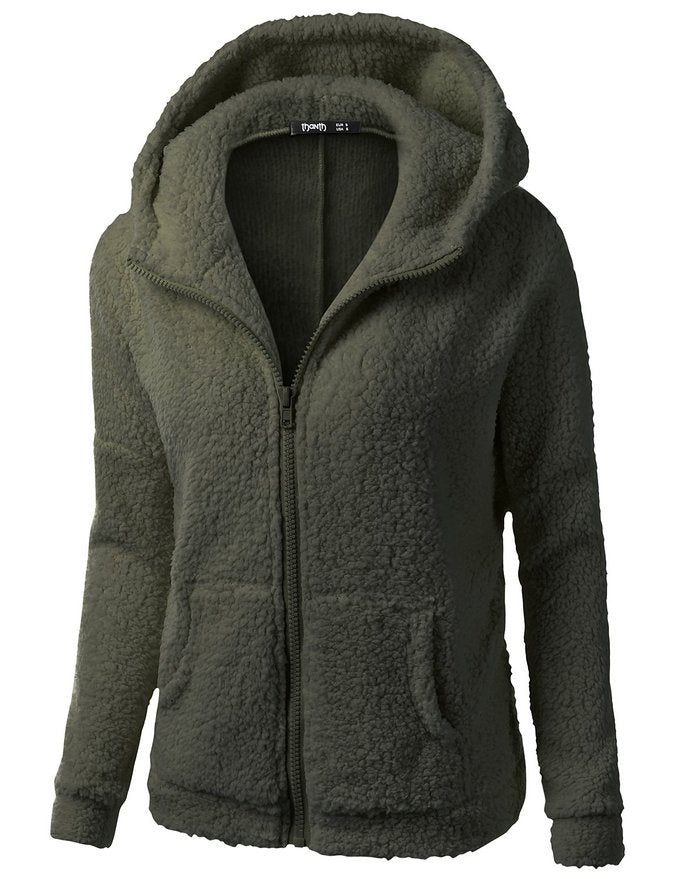 Soft fleece hooded zip jacket in dark olive green with front zipper and hood