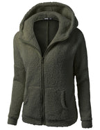 Soft fleece hooded zip jacket in dark olive green with front zipper and hood