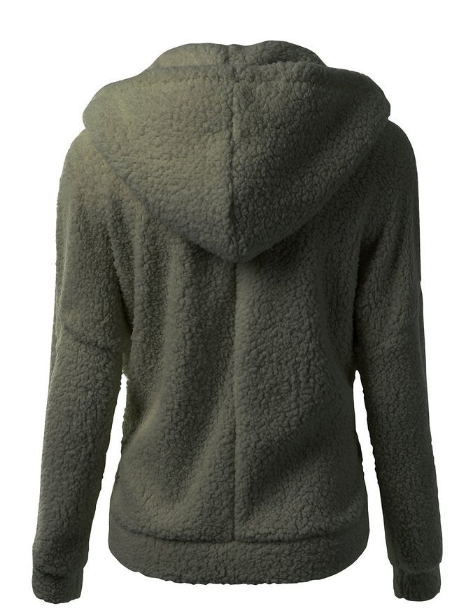 Soft fleece hooded zip jacket in olive green with hood and back seam panel